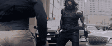 The Winter Soldier and Steve Rogers fight in downtown DC.