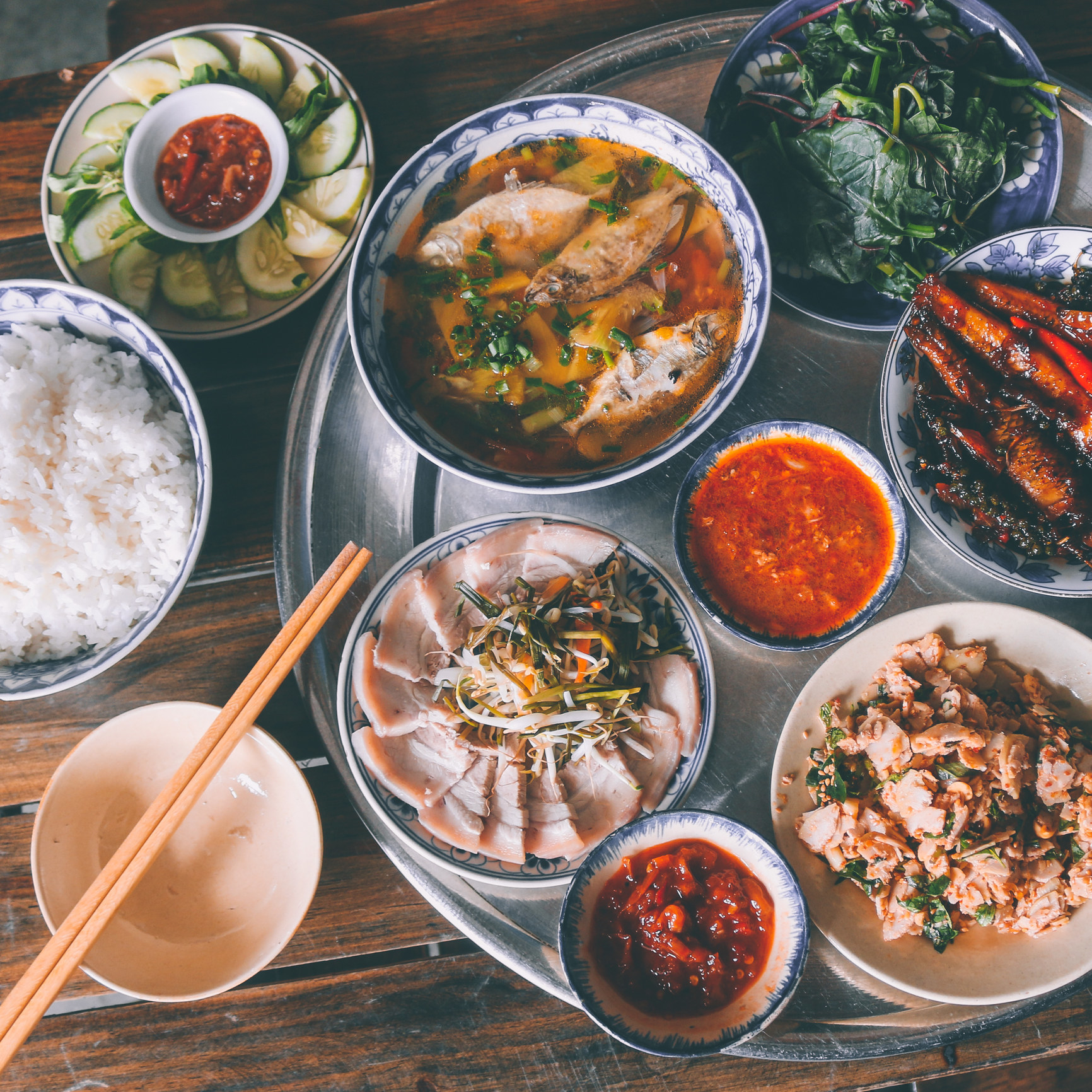 A table of Vietnamese food.