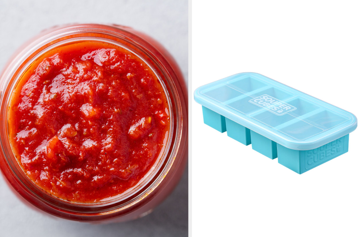 Side-by-side of pasta sauce and an ice cube tray