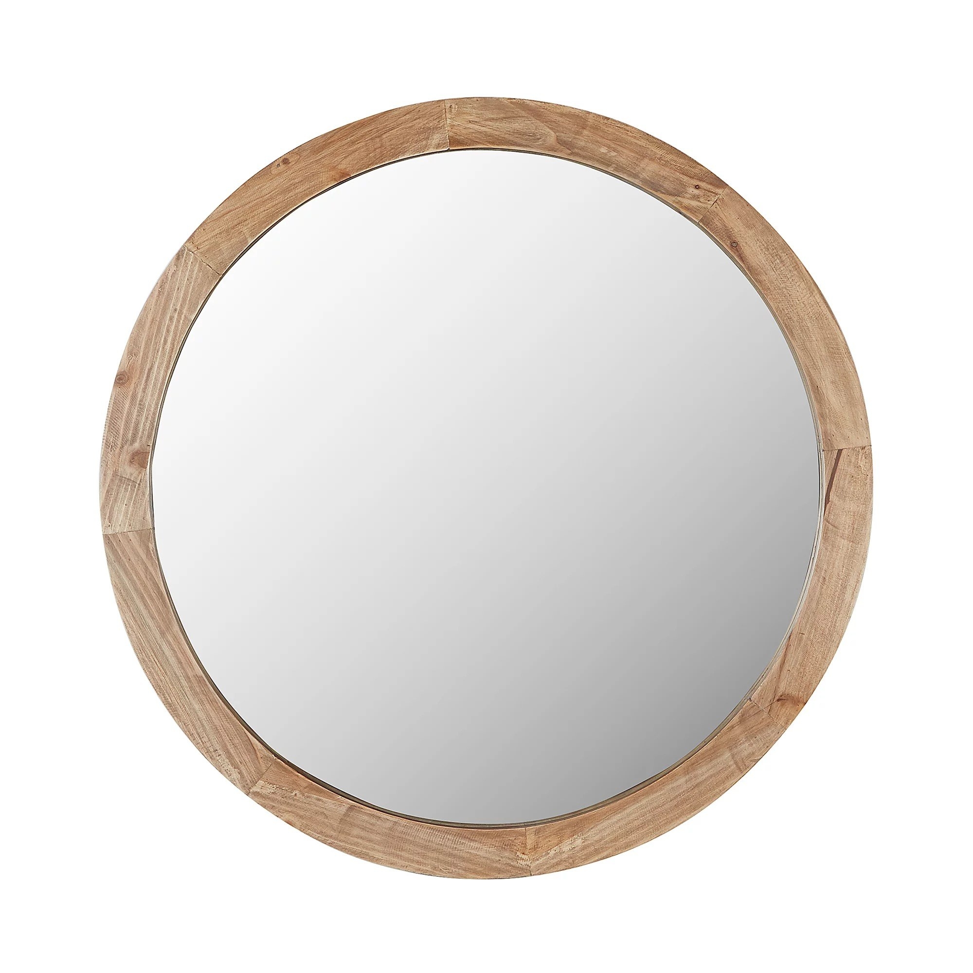 Wooden bold frame round mirror against a white backdrop