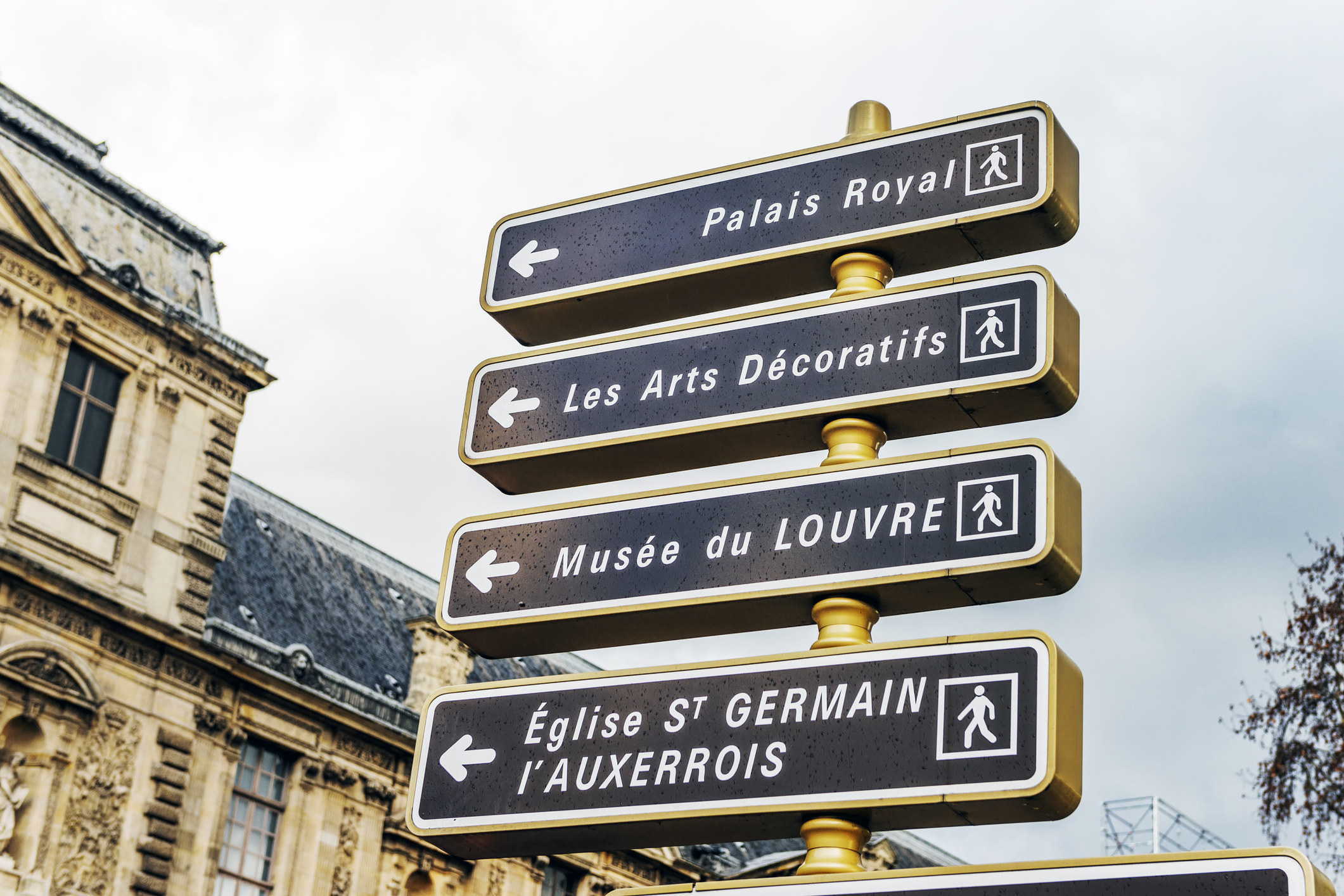 Multi direction sign for tourists in Paris.