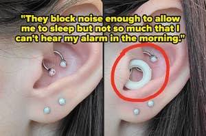 before and after of a reviewer with a tragus piercing wearing the white silicone earplugs