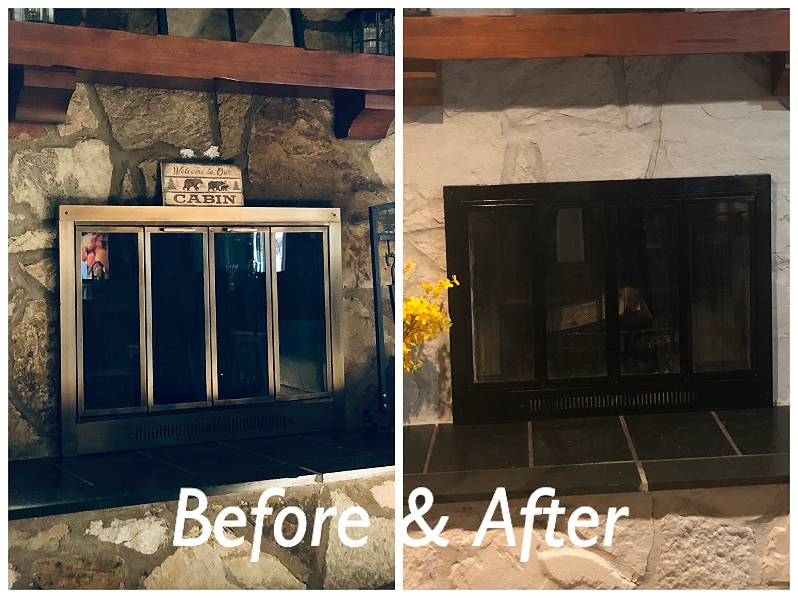reviewer&#x27;s brass fireplace before, shiny brass, and after, a semigloss black