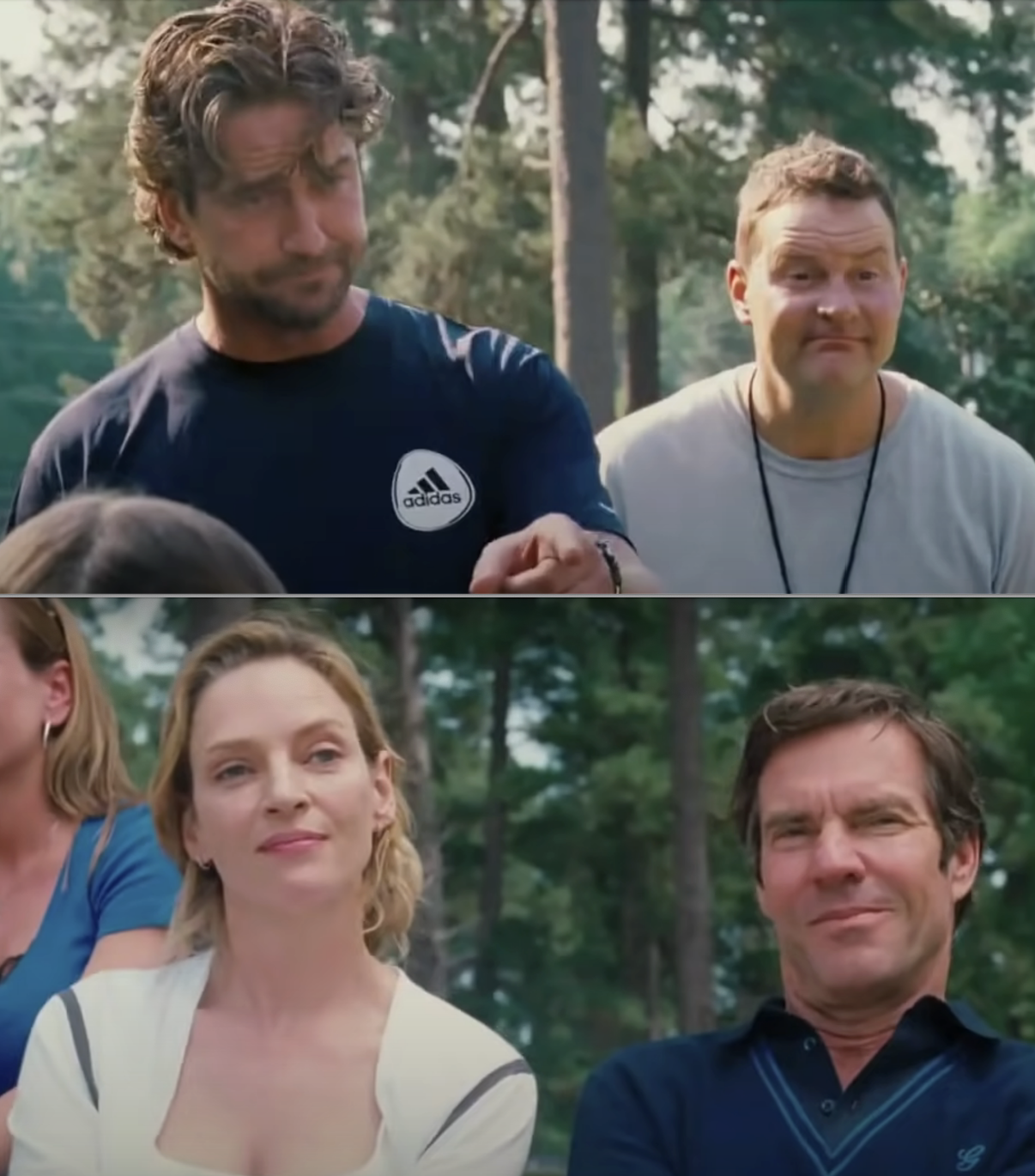 Gerard, Dennis, and Uma on a soccer field in the movie