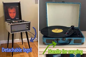 Reviewer image of silver and black turntable with detachable black legs on hardwood floor, reviewer image of blue and black suitcase turntable on wooden table