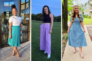 on left: reviewer in blue pleated midi skirt. in middle: reviewer in purple wide leg pants. on right: reviewer in short-sleeve blue and white checkered print maxi dress