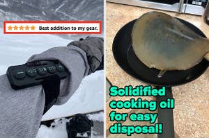 L: a reviewer wearing a remote on their forearm and a five-star review titled "Best addition to my gear.", R: a frying pan filled with a congealed mass and text reading "solidified cooking oil for easy disposal!"