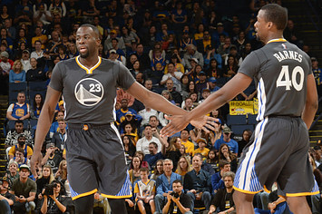 Golden State Warriors forwards Draymond Green and Harrison Barnes in 2016
