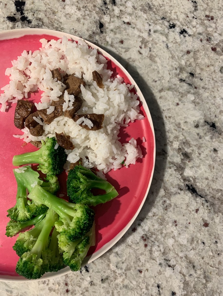 Beefless bulgogi, rice, and broccoli