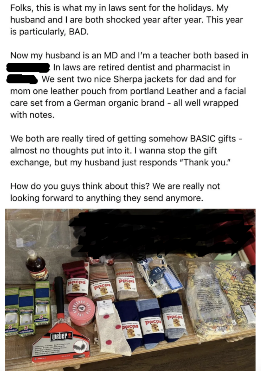 The post says they want to stop exchanging gifts; the photo of what they got shows several pairs of good socks, some dreidels, and a scrubber for their grill