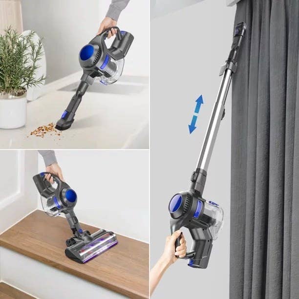 a person using a blue cordless vacuum and mini-vacuum around the home