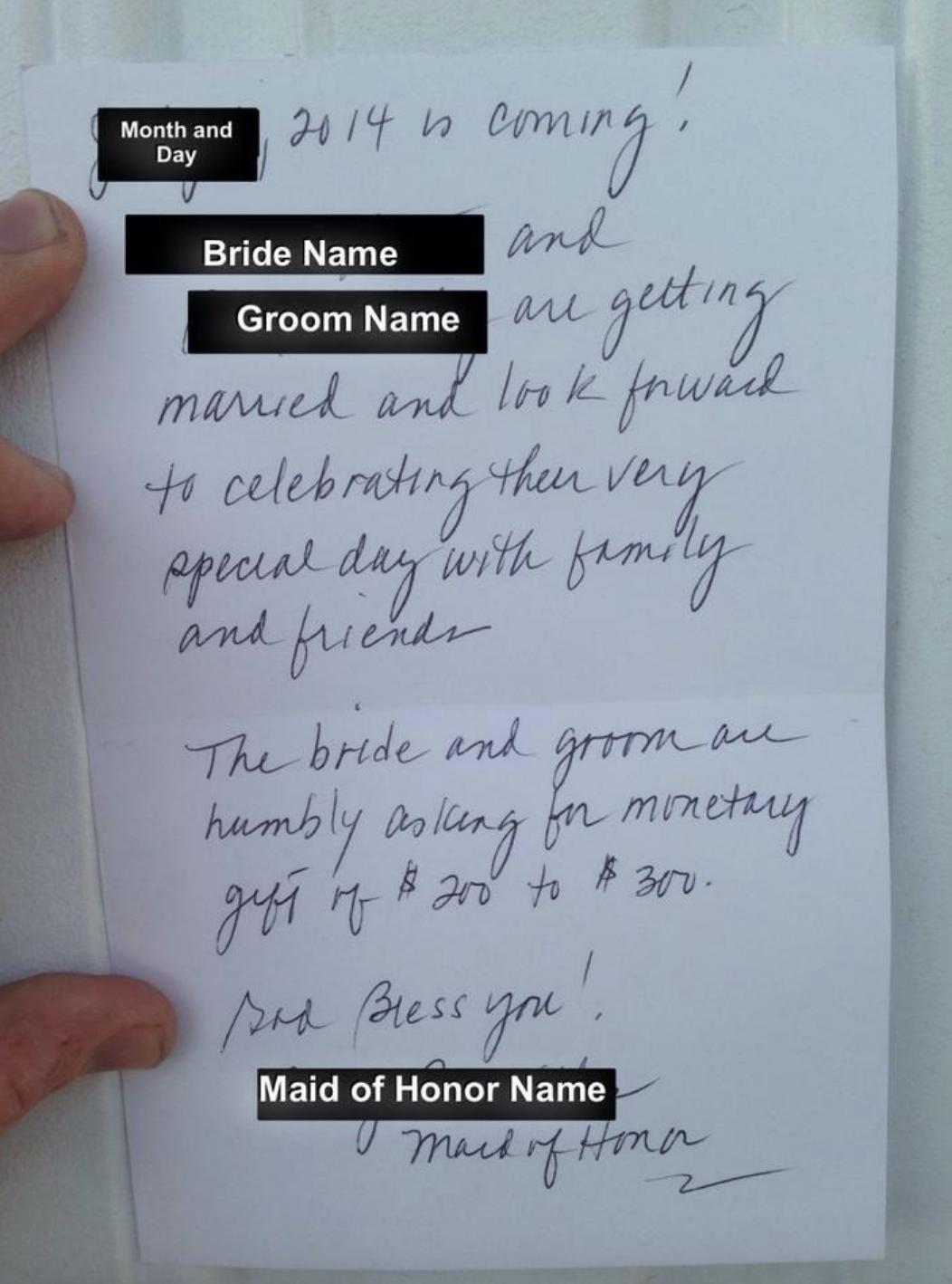 A card from the maid of honor asking a guest who RSVP&#x27;d &quot;no&quot; to send $200 to $300.