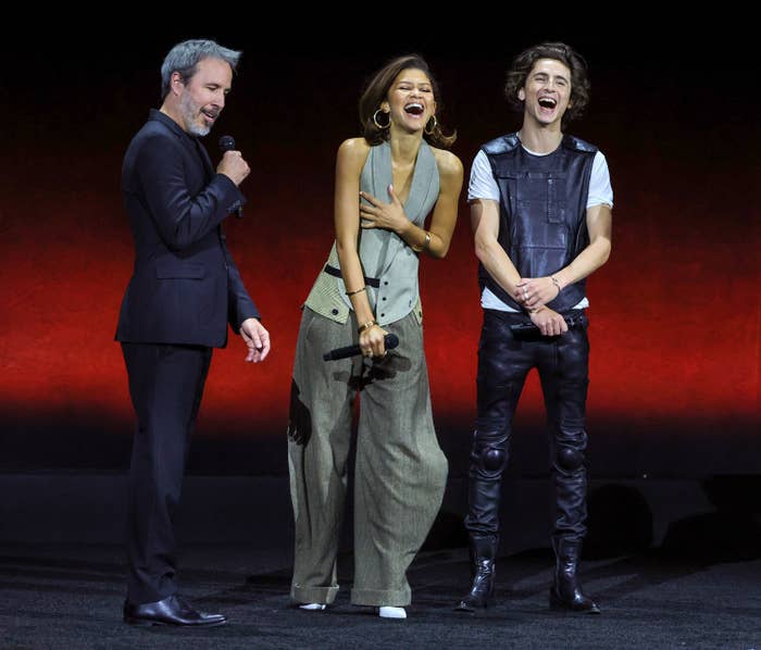 Director Denis Villeneuve, Zendaya, and Timothee Chalamet onstage at CinemaCon