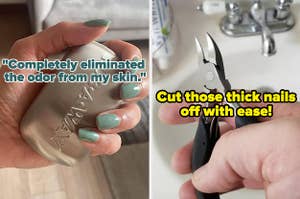 a hand holding a stainless steel soap bar and text that reads "Completely eliminated the odor from my skin"; a hand holding nail clippers and text that reads "cut those thick nails off with ease"