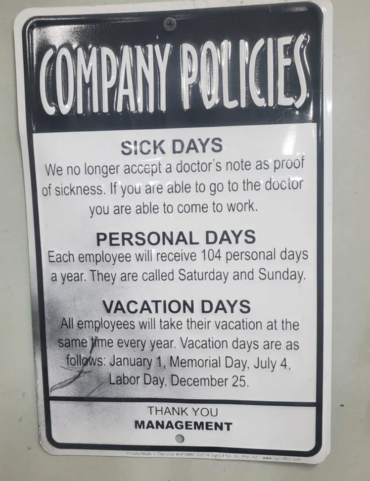 A list of days people can't take off work