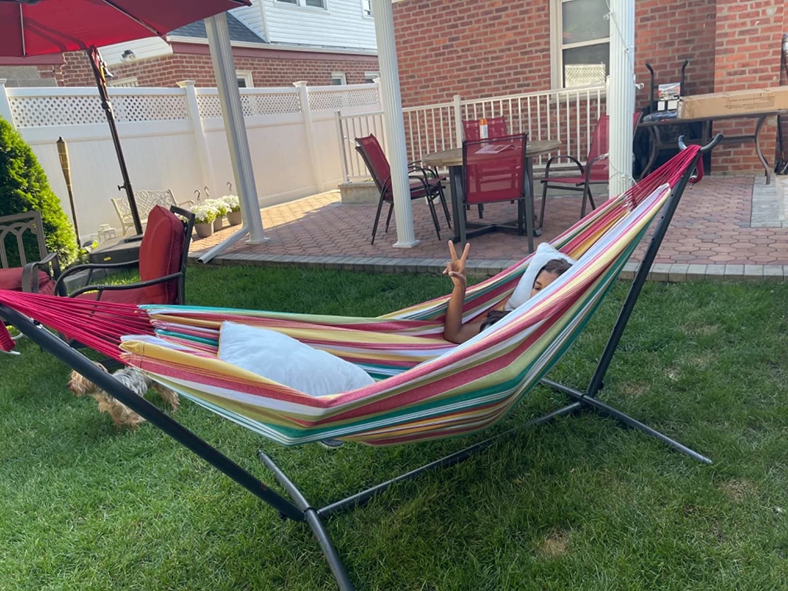 Reviewer image of the hammock in their backyard