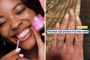 L: model smiling and holding a small pink tub of Laneige lip mask R: reviewer wearing pearly nail polish with text on image "the best nail product I've ever used"