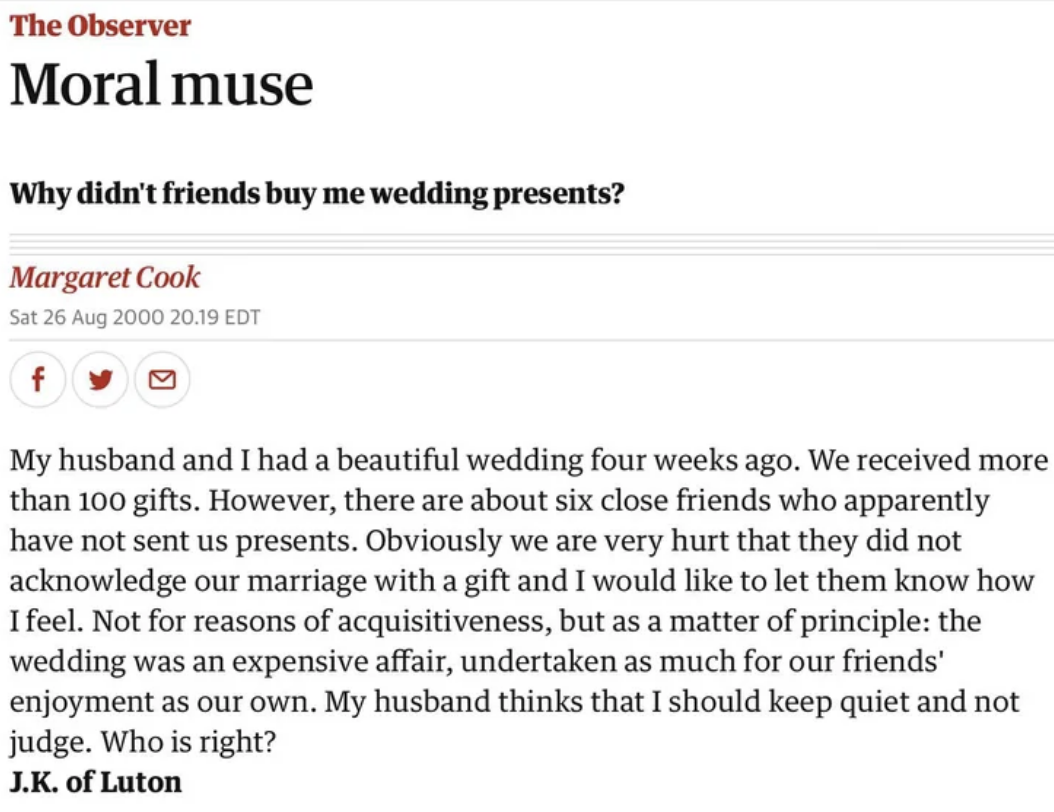 Screenshot of someone being entitled about their wedding