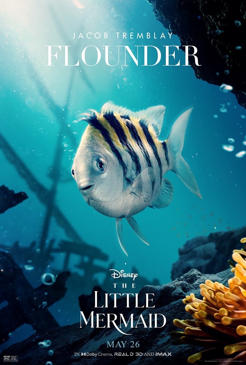 Flounder is a realistic silver-and-striped fish rather than yellow and striped as he was in the animated film