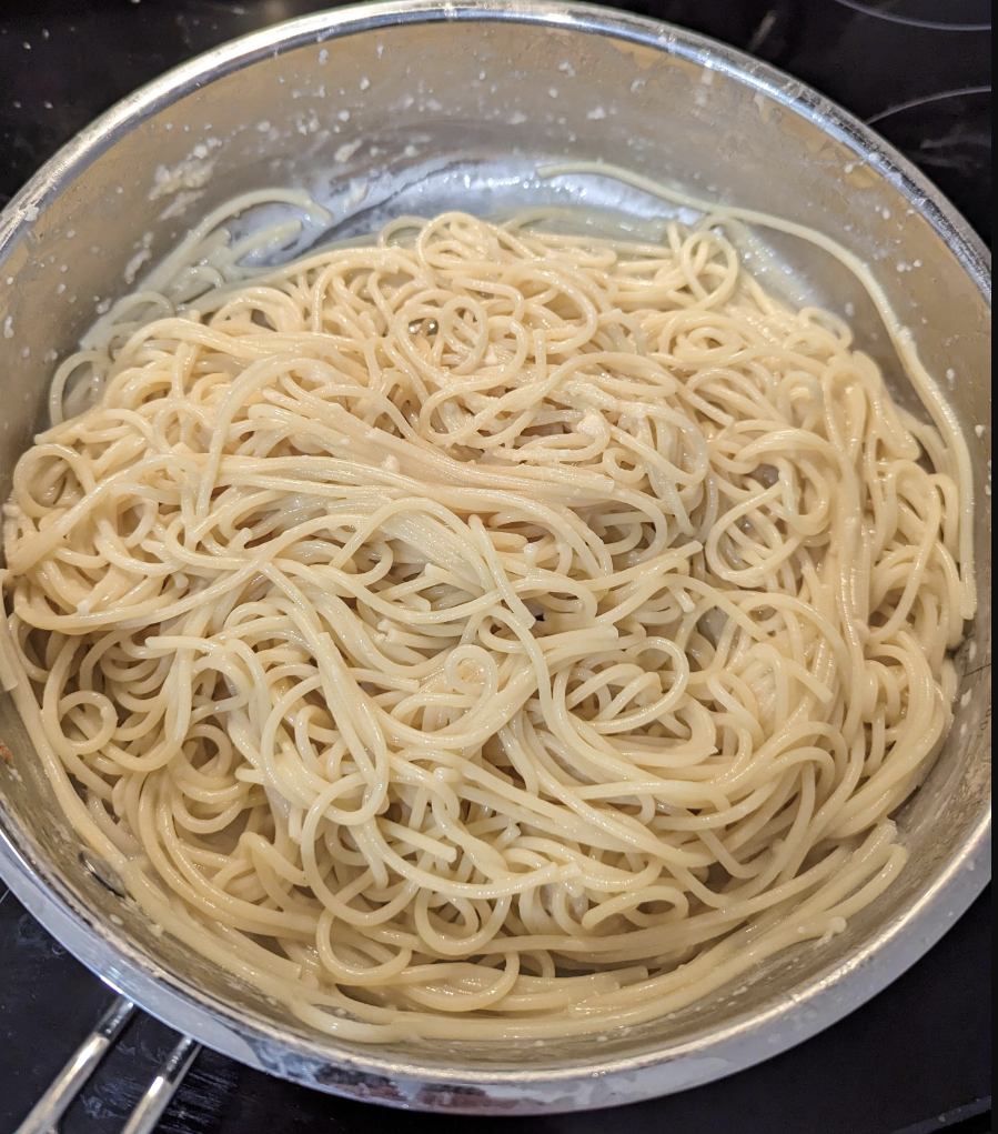 Buttered spaghetti in a pot