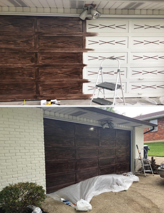 reviewer&#x27;s garage door before, white, and after, a dark brown with slight wood-like variations in tone