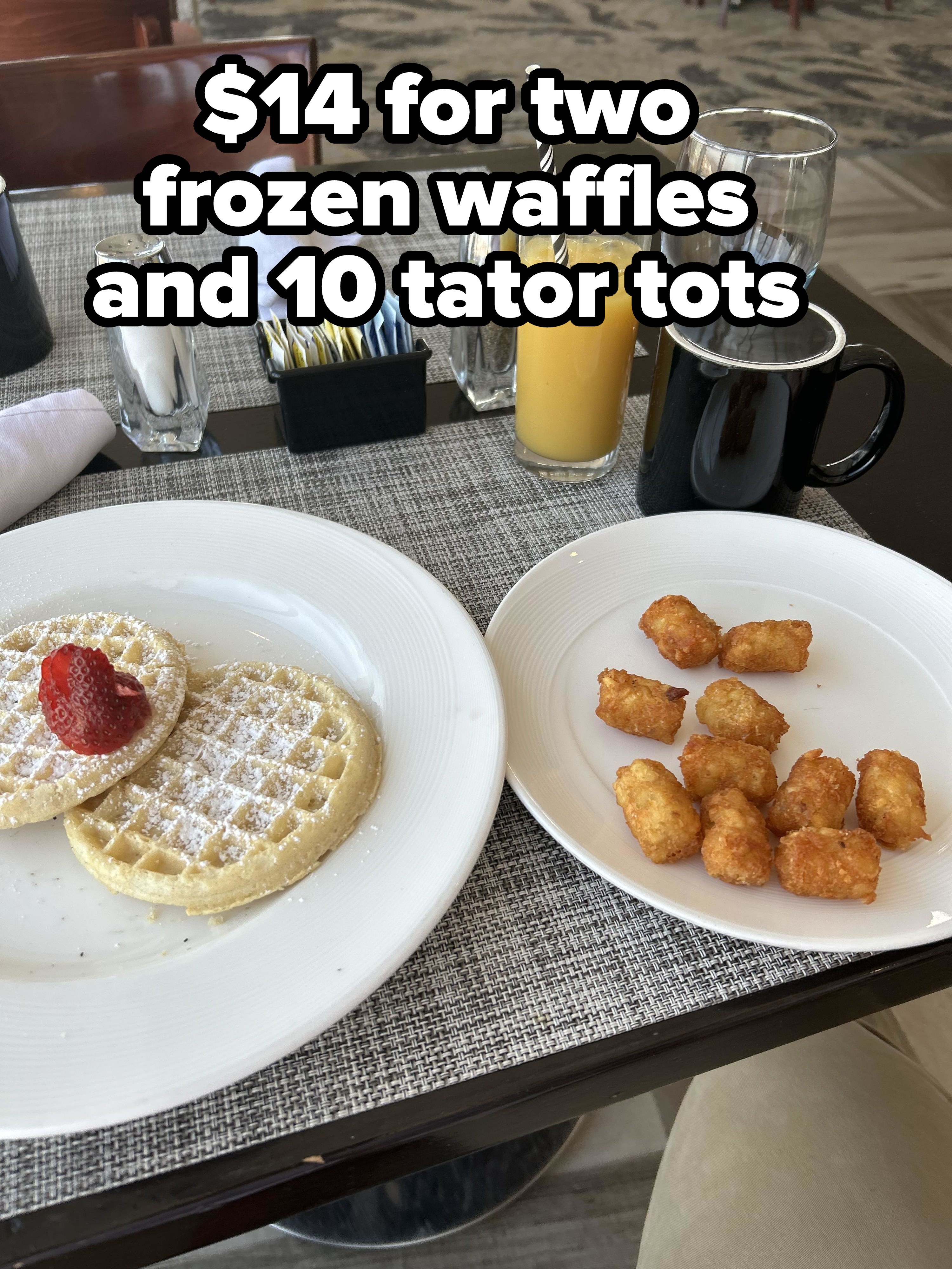 $14 for two frozen waffles and tater tots