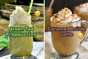 a side by side image of a green tea frappuccino and a caramel brûlée latte