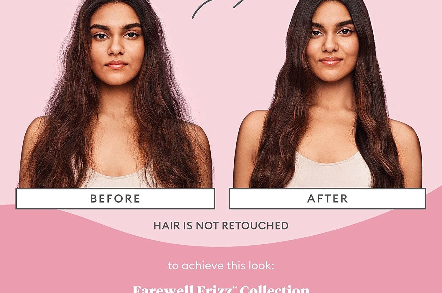 model before and after showing their hair looking less frizzy after using leave in conditioning spray