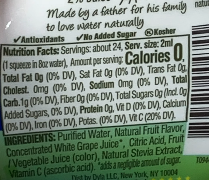 The back of an artificial sweetener bottle with nutrition facts, including 0 calories