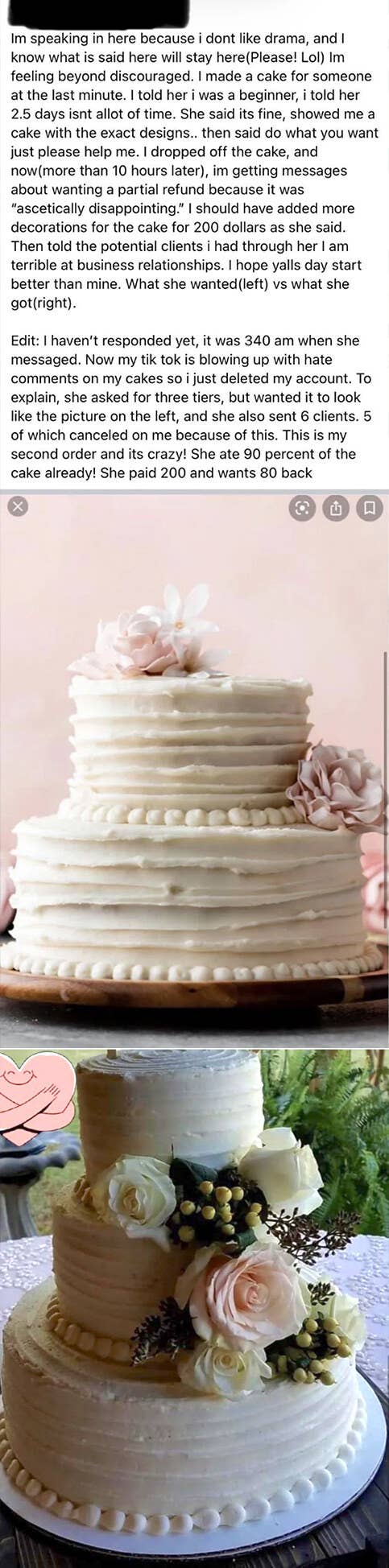A person sharing their experience of making a cake for an entitled bride
