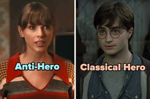 On the left, Taylor Swift in the Anti-Hero music video labeled Anti-Hero, and on the right, Harry Potter labeled Classical Hero