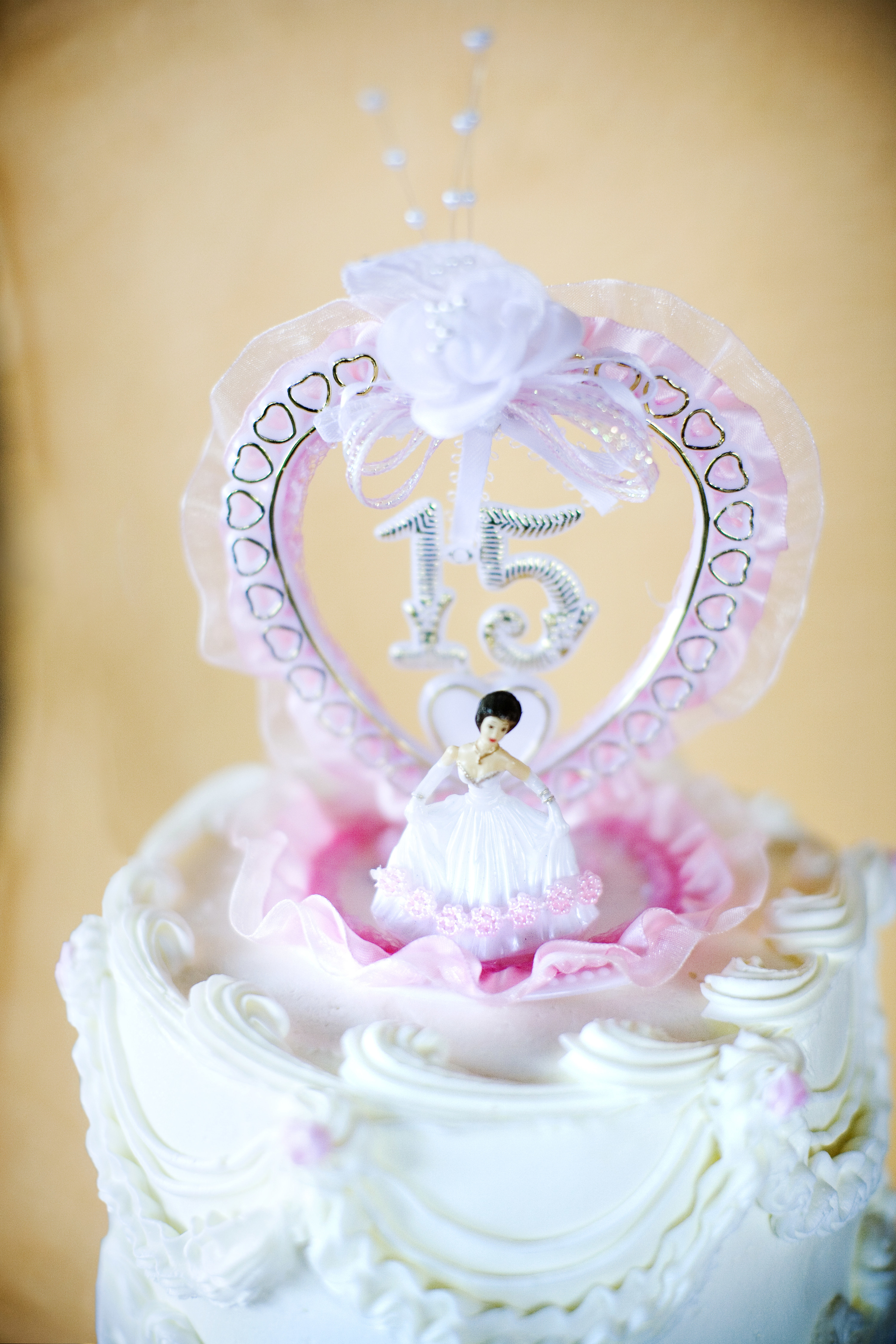A cake decorated with a figure in a gown and the number 15