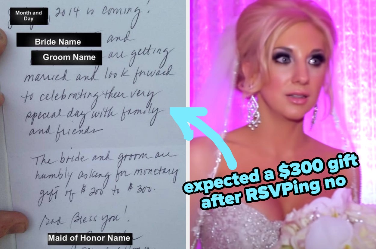 note from maid of honor captioned "expected a $300 gift after RSVPing no" with a picture of a bride