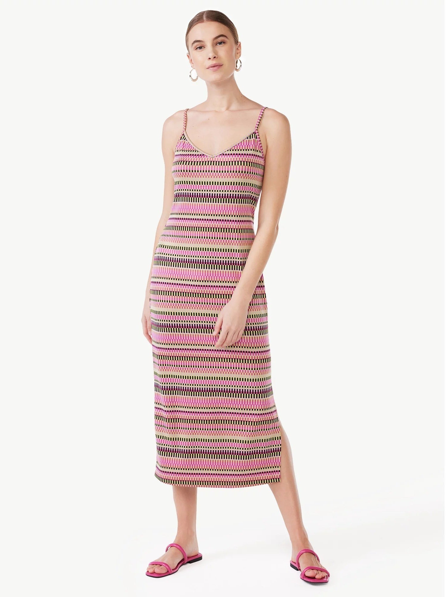 Model wears a striped slip dress