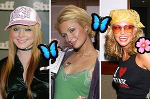 three separate images of lindsay lohan, paris hilton, and britney spears in the 00s