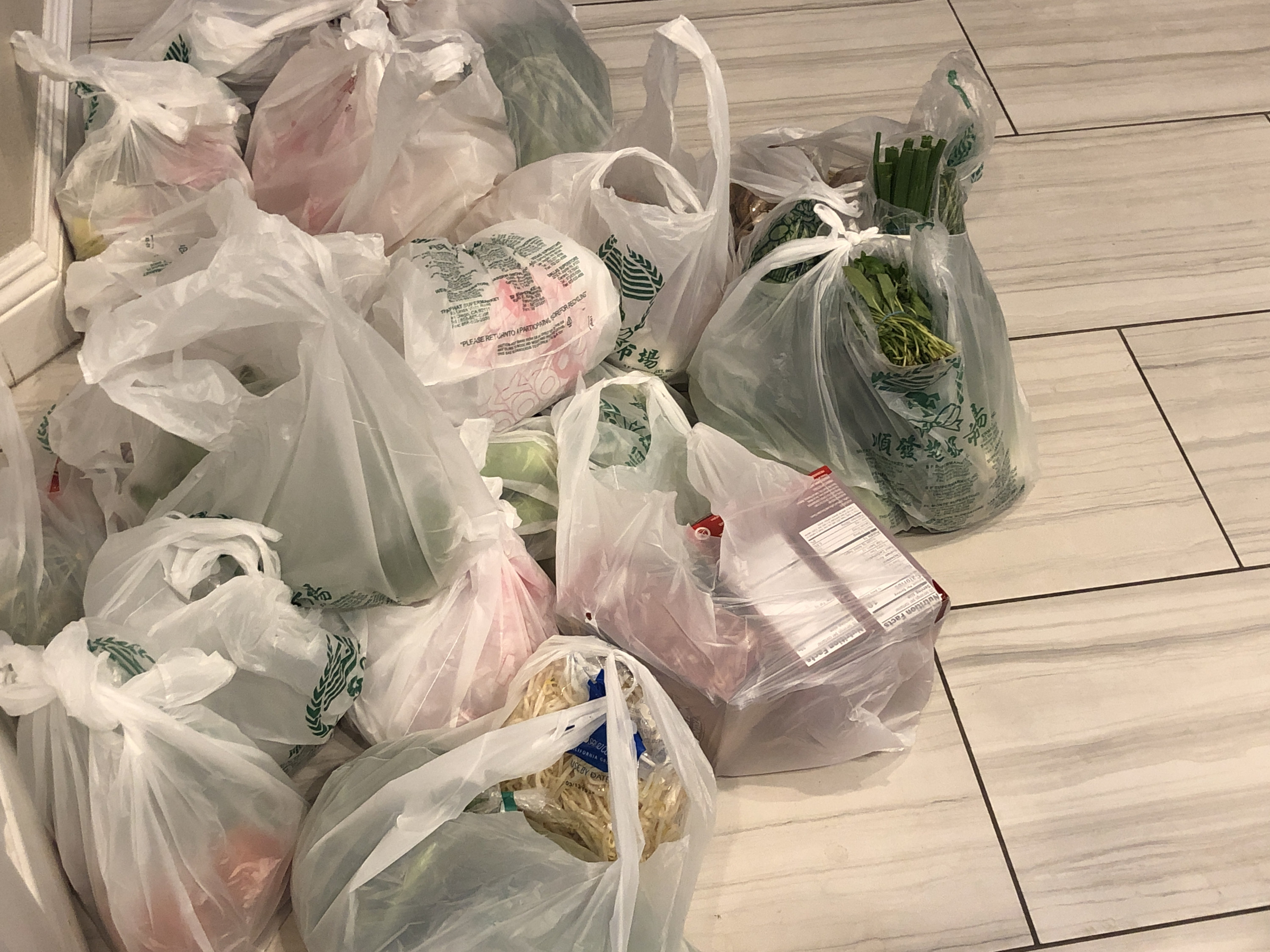 Plastic grocery bags holding groceries