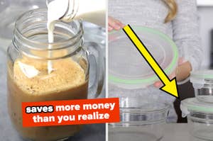 making iced coffee at home saves more money than you realize, and arrow pointing to tupperware glass containers