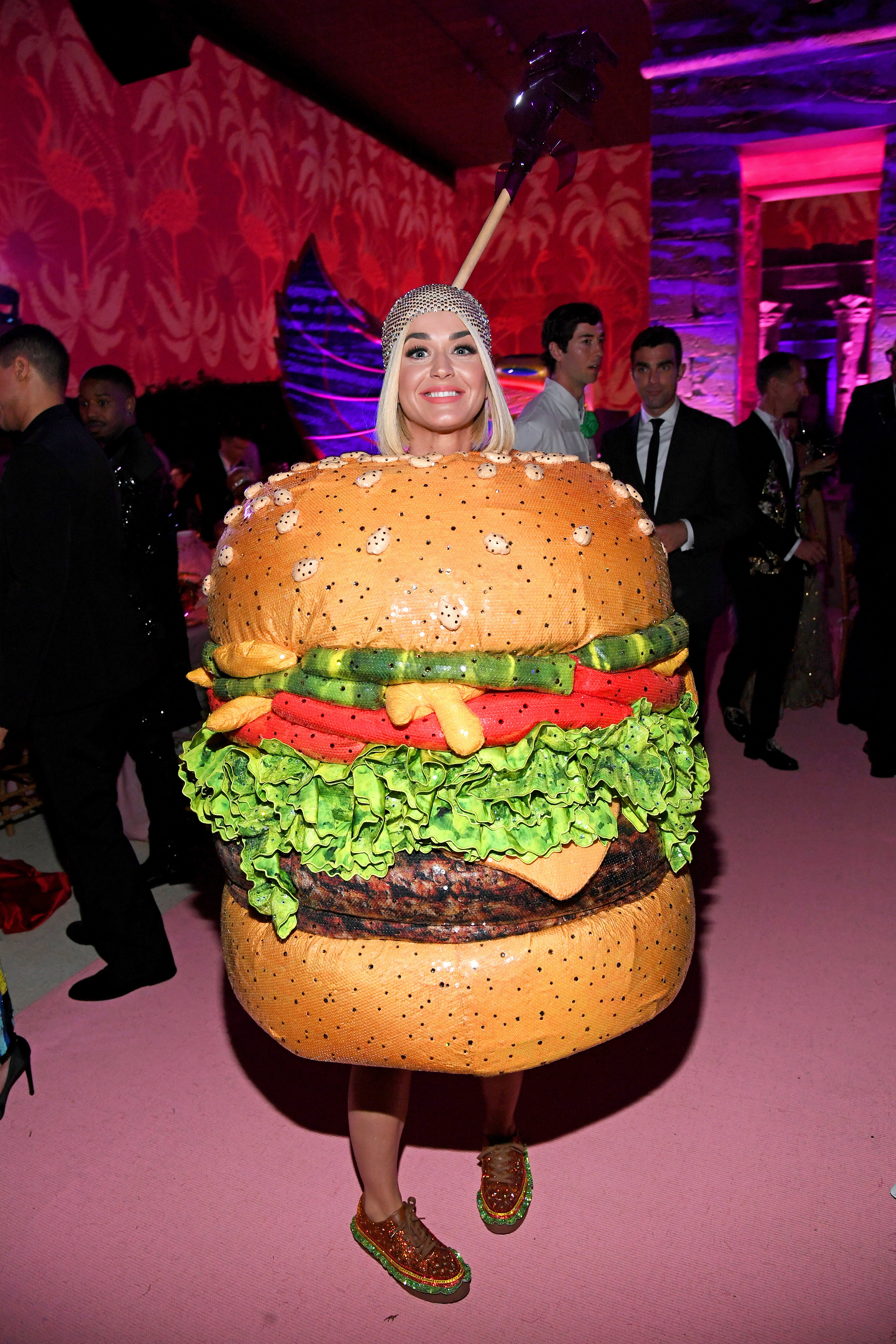 Katy Perry in a cheeseburger outfit at the 2019 Met Gala Celebrating Camp: Notes on Fashion at Metropolitan Museum of Art on May 6, 2019, in New York City