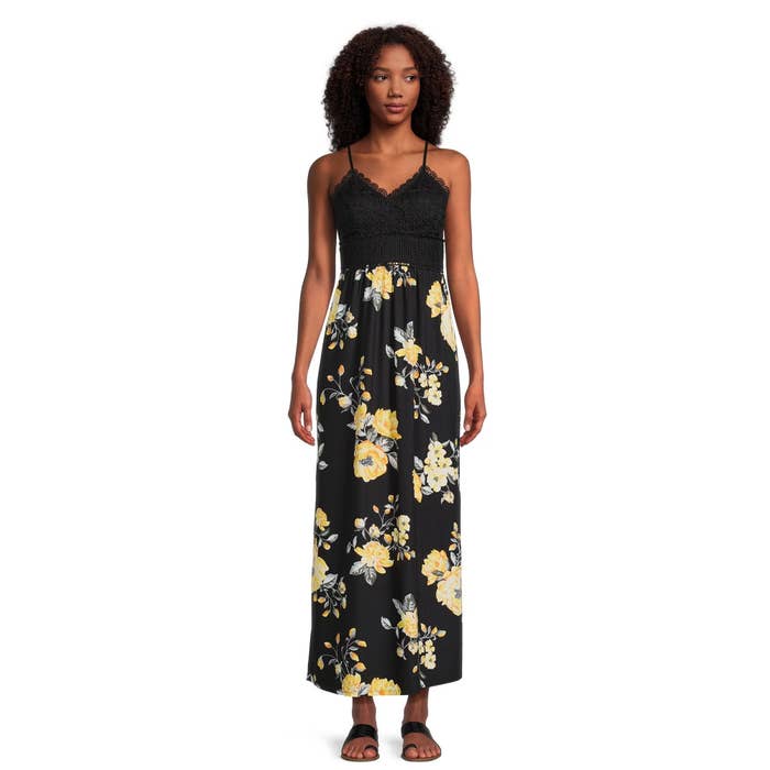 30 Dresses From Walmart That Are Definitely Ready For Warm Weather 4 weather Design uses black maxi gown with yellow flowers