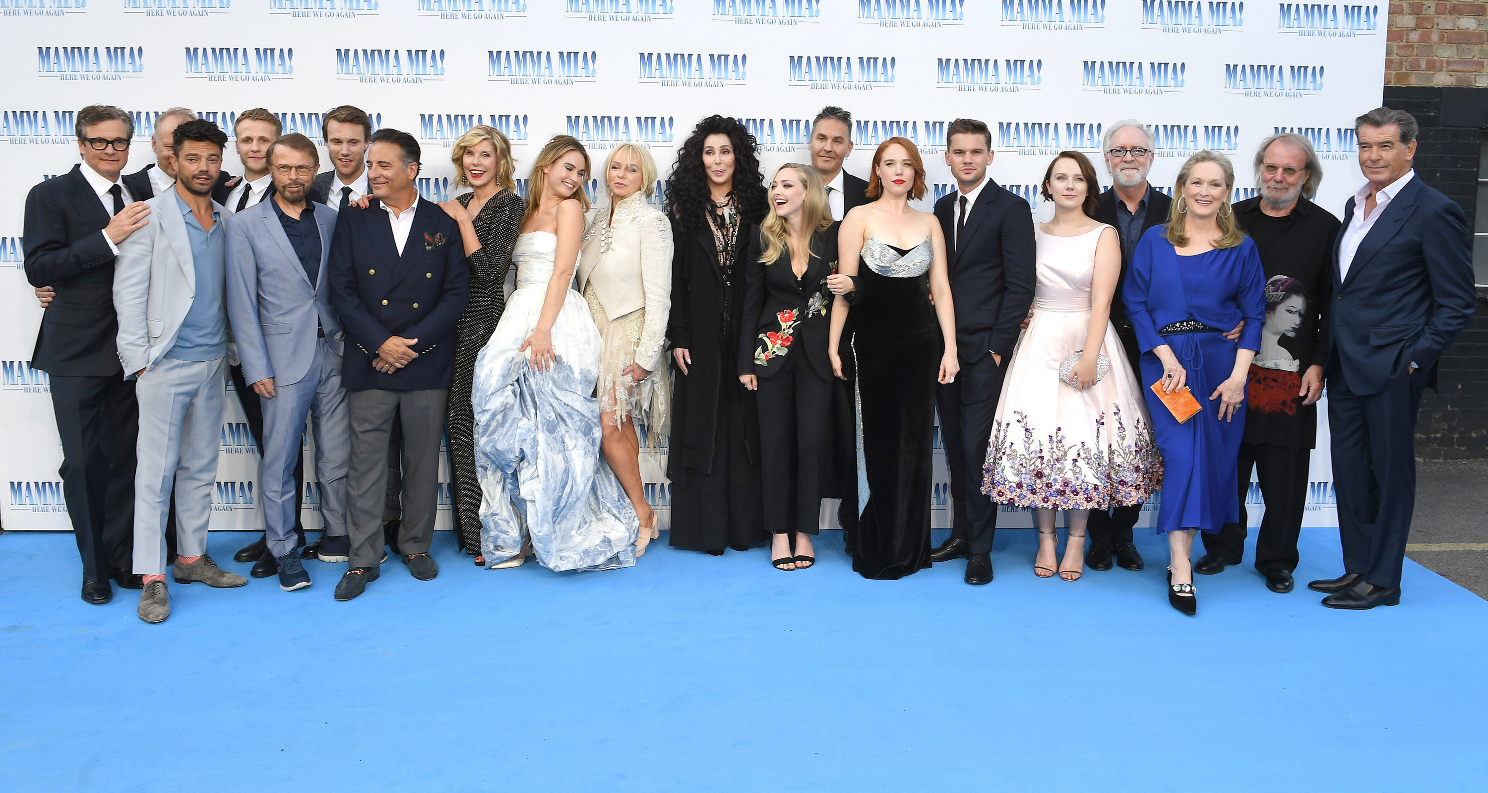 The cast of "Mamma Mia! Here We Go Again" poses together at the film's world premiere