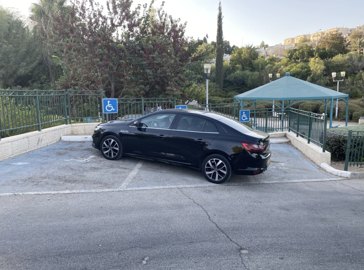 person parking across 3 handicap spots