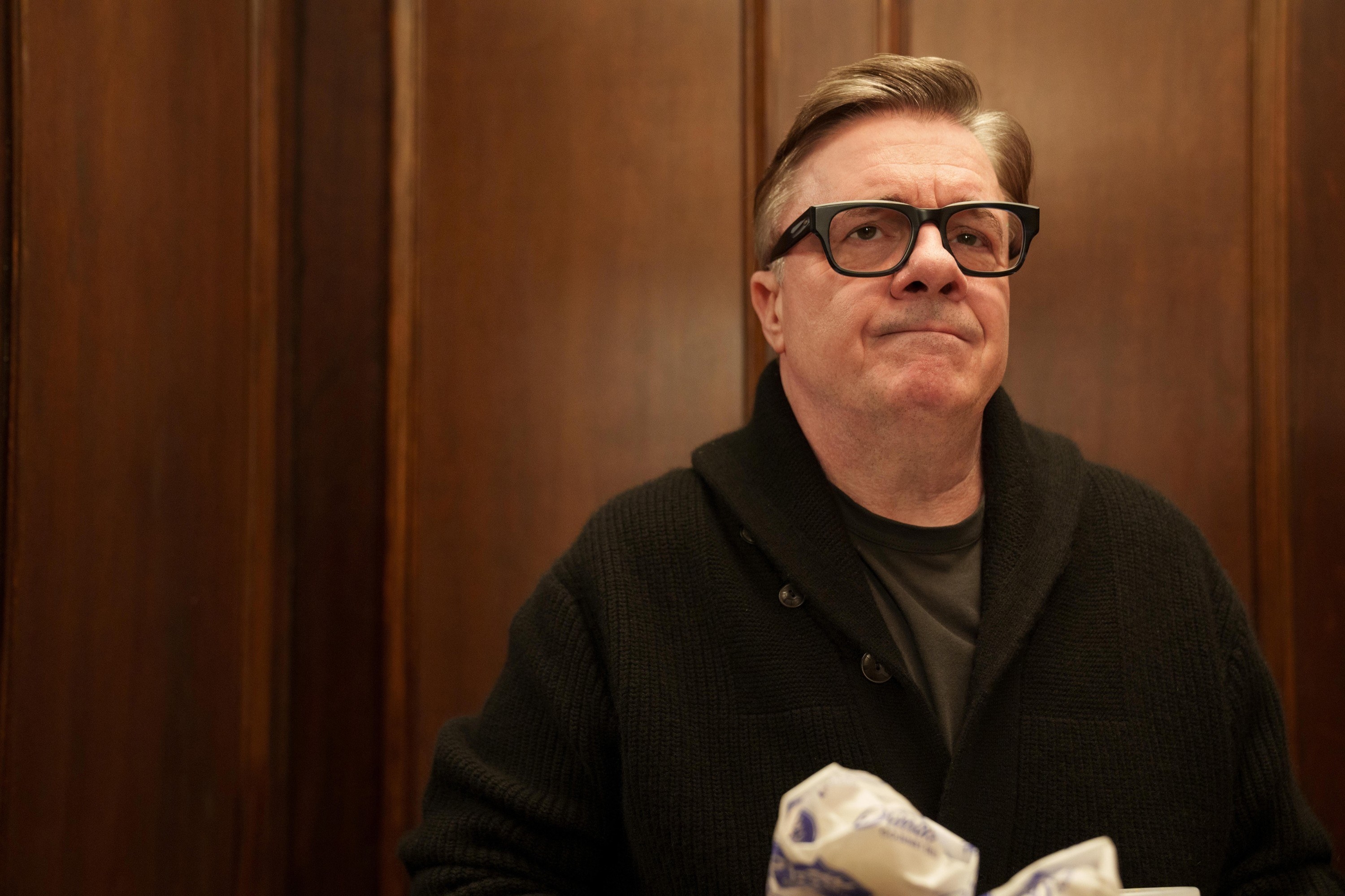 Closeup of Nathan Lane in "Only Murders in the Building"