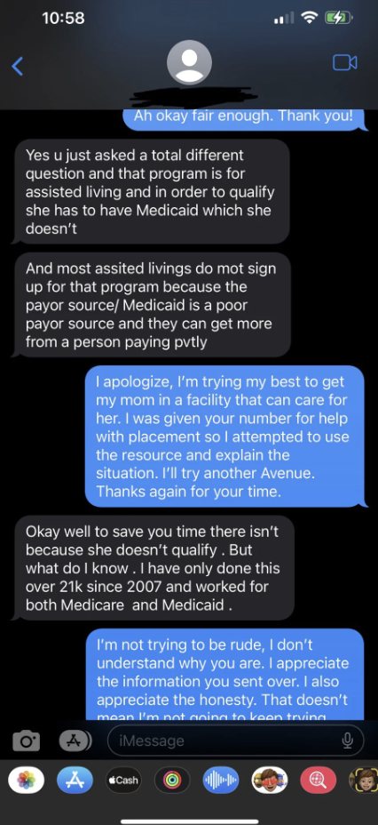 healthcare person being rude about someone's relative not getting care