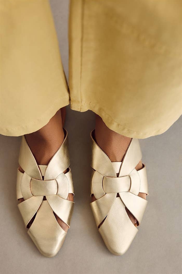 gold leather chunky woven mules