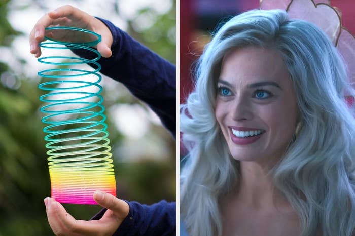 On the left, someone holding a slinky, and on the right, Margot Robbie smiling brightly as Barbie