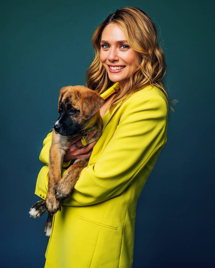 Elizabeth Olsen in a yellow suit holding a puppy