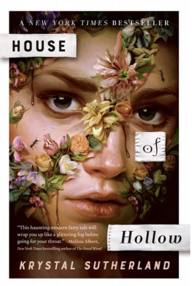 woman&#x27;s bleeding face covered with flowers for the book cover