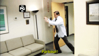 Michael Scott poorly attempts a somersault on a couch and screams &quot;parkour&quot;
