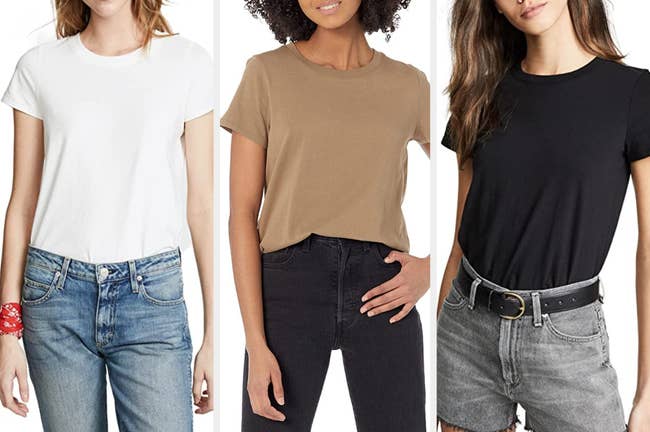 three models wearing the tee in white, tan, and black