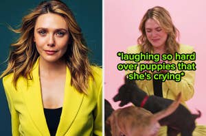 Elizabeth Olsen playing with puppies
